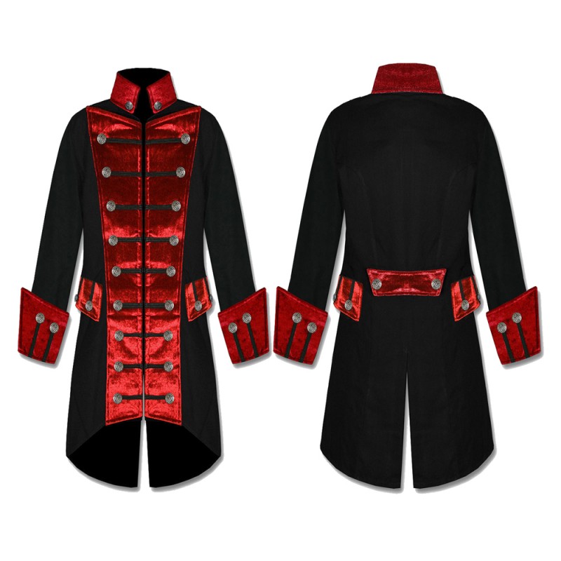 Mens Handmade Red Velvet Trim Goth Steampunk Pirate Men Gothic Coat